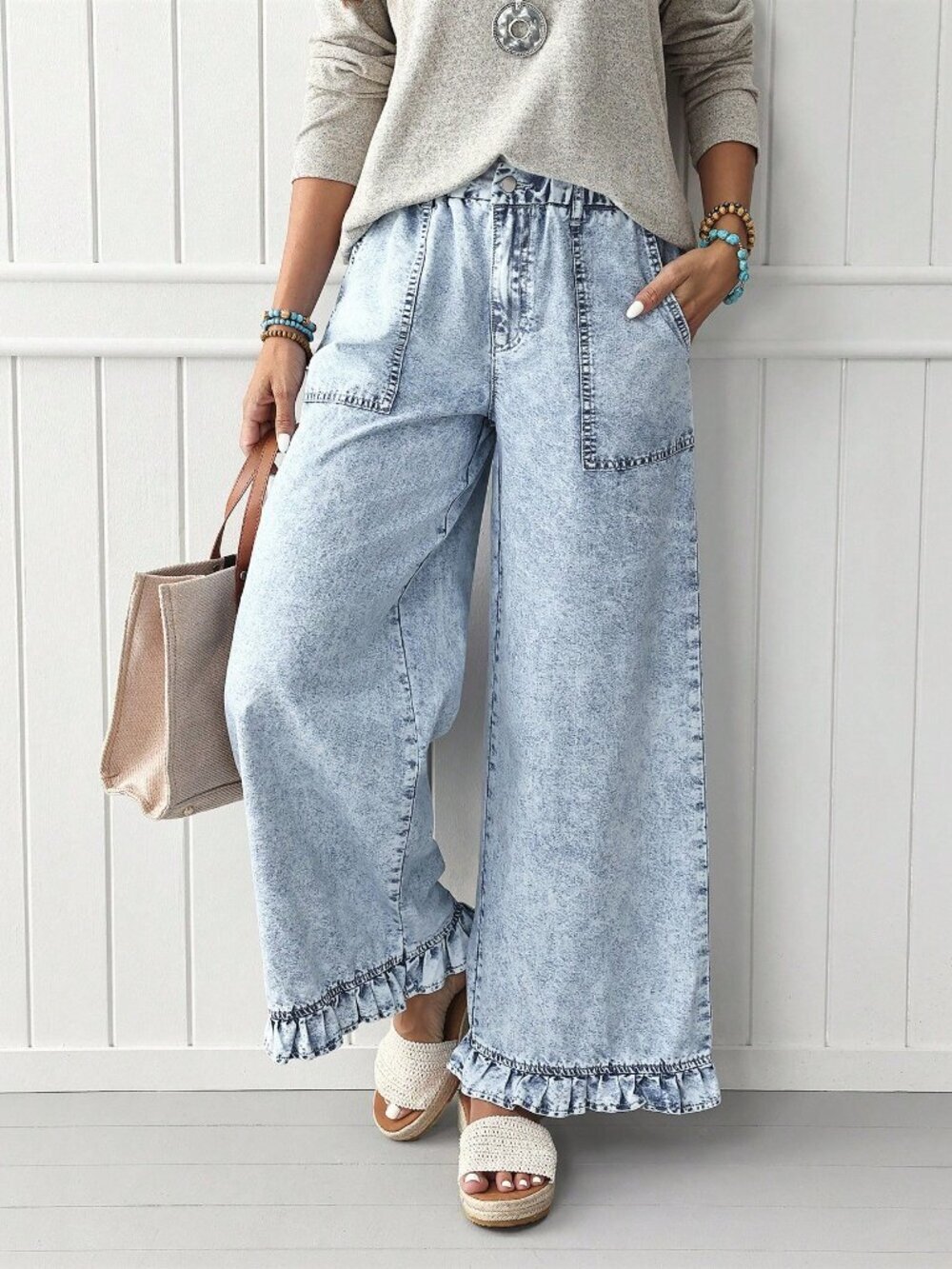 Light Wash Casual Women's Wide Leg Denim Pants